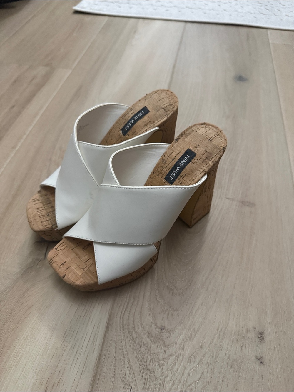 Nine West Cream Cork Crisscross Platform Mules